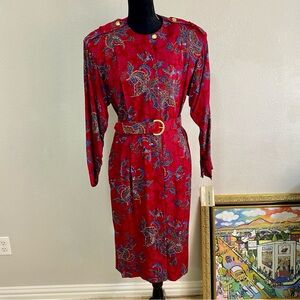Vintage Liz Claiborne Red Paisley Rayon Belted Dress Gold Buttons Sz 12 Orig Tag